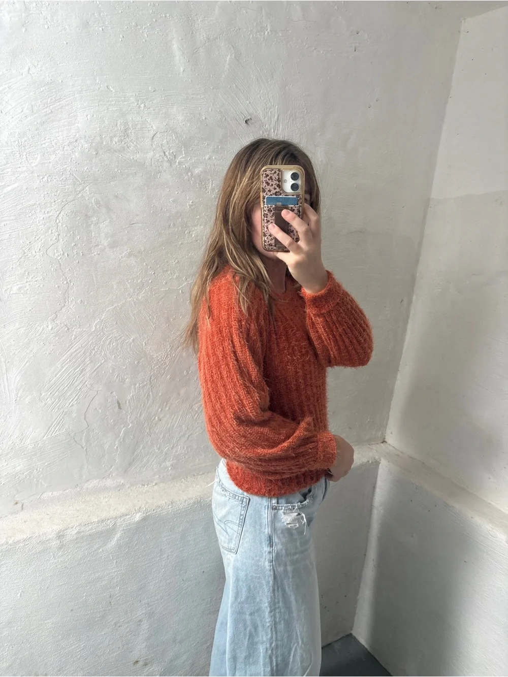 orange fuzzy balloon-sleeve sweater from Altar'd State